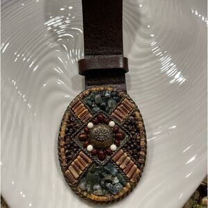 Belt brown leather multicolored beads- metal grommets around belt